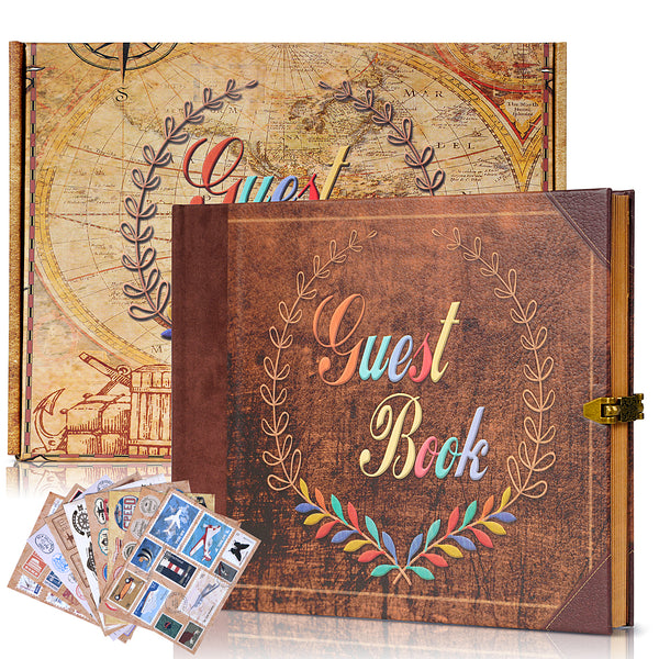 Vintage Guest Book with Decorative Floral Design, Travel Theme Memory Book