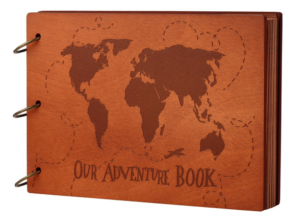 Anniversary Photo Album, Our Adventure Book Scrapbook with 3D Wooden Cover, Globe/World Map Design, 11.6 x 7.5 inches, 60 Pages