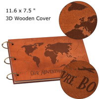 Anniversary Photo Album, Our Adventure Book Scrapbook with 3D Wooden Cover, Globe/World Map Design, 11.6 x 7.5 inches, 60 Pages